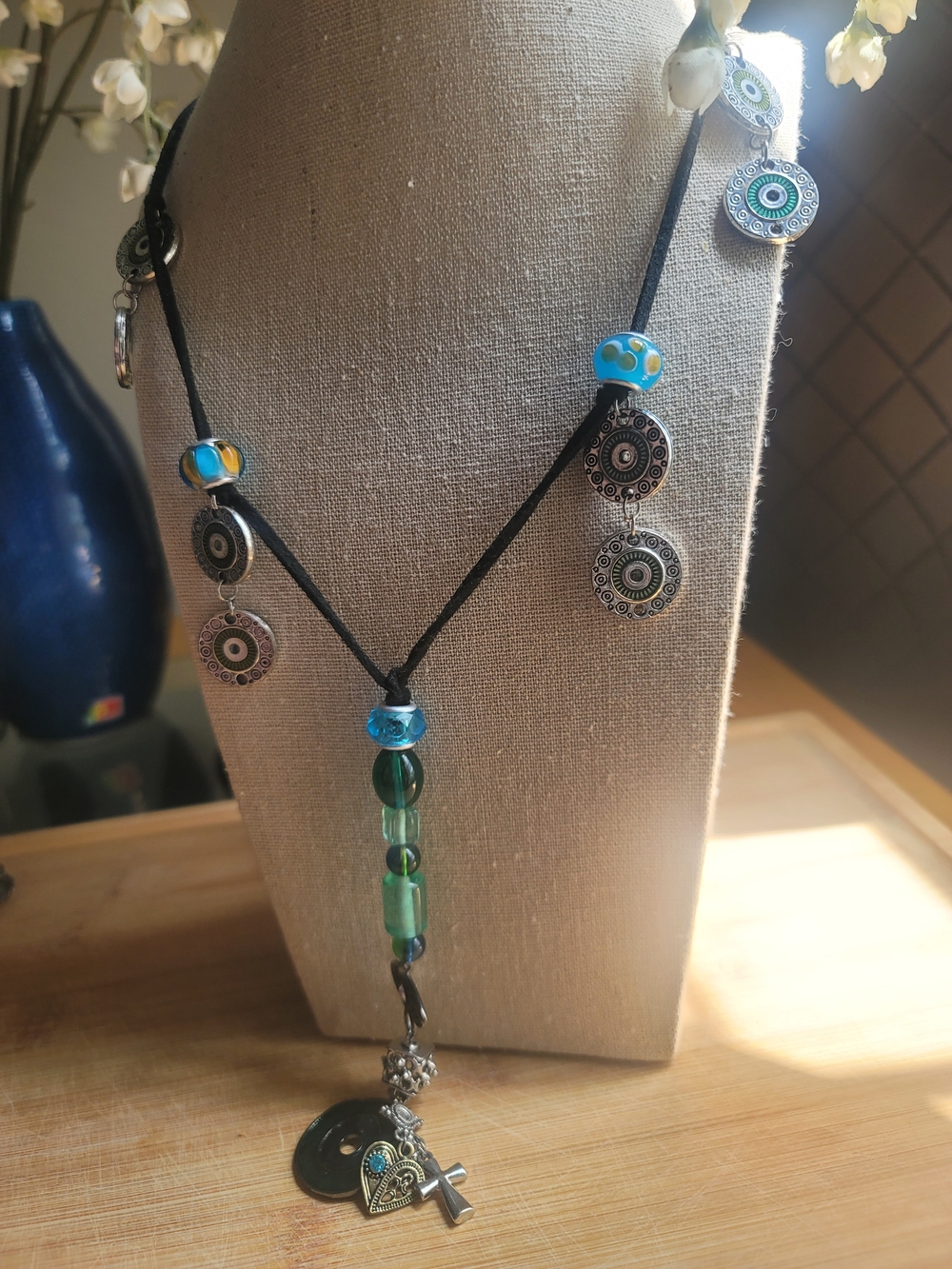 Boho Teal & Blue Glass Bead Pendant Necklace - Unbranded